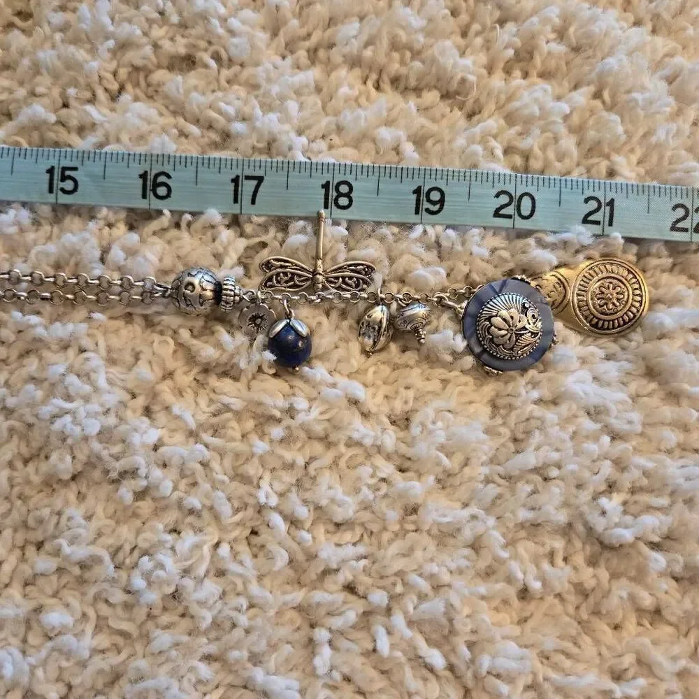 Chico's Long Charm Necklace Silver & Blue Stone